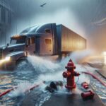 Xe đầu kéo húc trụ cứu hỏa, nước phun vọt cao chục mét