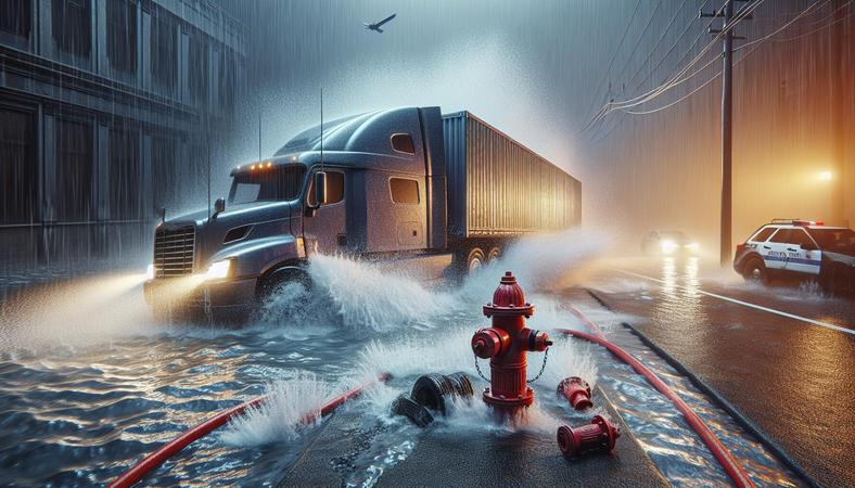 Xe đầu kéo húc trụ cứu hỏa, nước phun vọt cao chục mét