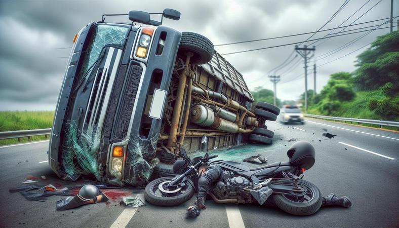 Xe tải lật ngang sau pha đánh lái gấp, xe máy gặp nạn!